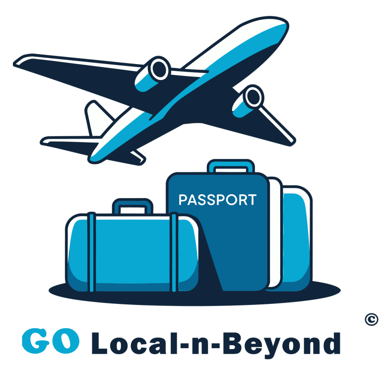 GO Local-n-Beyond Logo An airplane flying above stacked luggage with a passport, promoting GO Local-n-Beyond Travel Services.