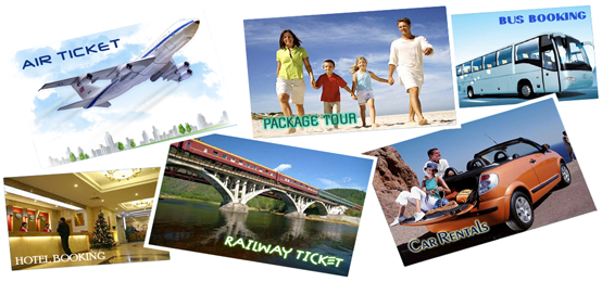 Collage of travel themes: airplane, family, bus, bridge, and rental cars services that GO Local-n-Beyond provides.